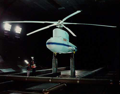 Color image of the sikorsky bearingless rotor mounted in the 40 by 80 foot wind tunnel