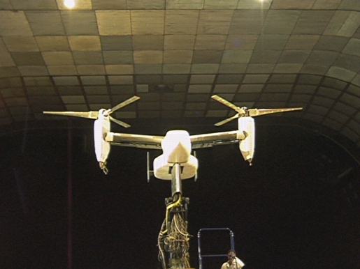 Front view of the tiltrotor aeroacoustic model installed in the 40 X 80 Foot Windtunnel